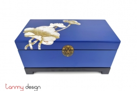 Blue rectangle lacquer box hand-painted with lotus included with stand 18x35 cm